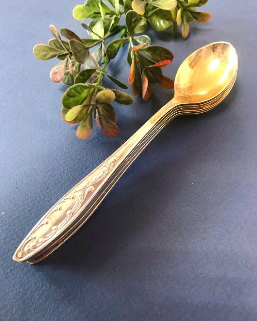 Ложки чайные "Пламя", з-д Кольчугино, мнц с серебрением и золочением, винтаж, СССР. Цена за 6шт. Картинка 1